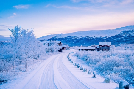 冬天雪,山,树,道路,房子,天空风景图片