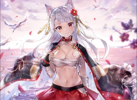 花瓣白发红眼睛女孩4k壁纸