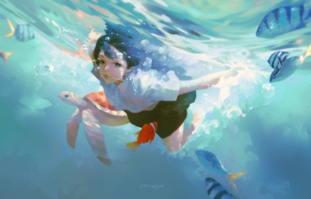 蓝色海水 水下女孩 海龟 鱼 唯美意境4k动漫壁纸