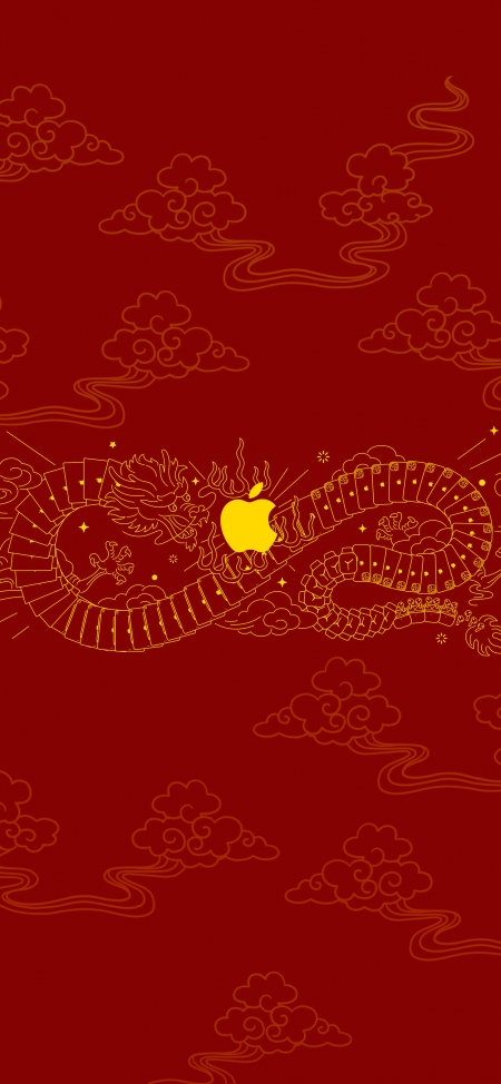 中国风 苹果龙年logo 红色喜庆 5K手机壁纸图片