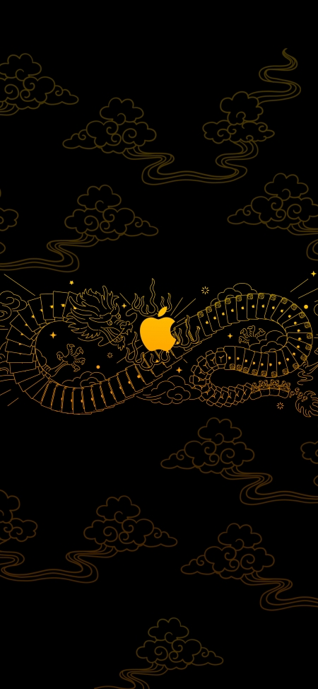 苹果龙年logo 中国风 黑金色 5K手机壁纸图片