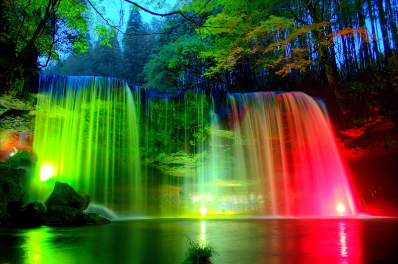 瀑布,公园,岩石,树木,晚上,彩色的瀑布风景4k壁纸