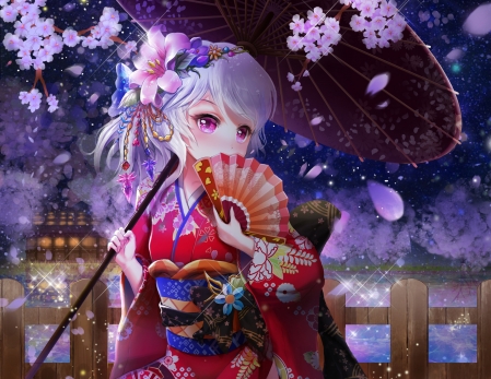 日本动漫和服少女伞风扇樱花图片