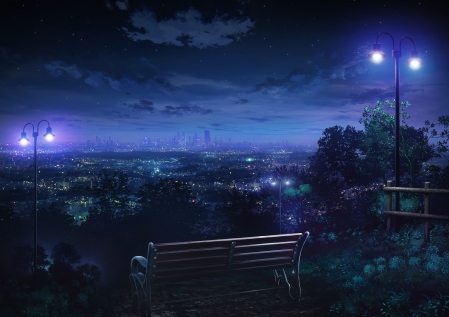 晚上,长凳,天空,星星,动漫风景图片