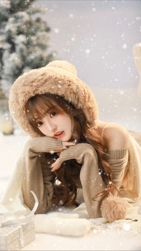 可爱美女 帽子 雪天 圣诞节 雪花 4k手机壁纸图片 2160x3840