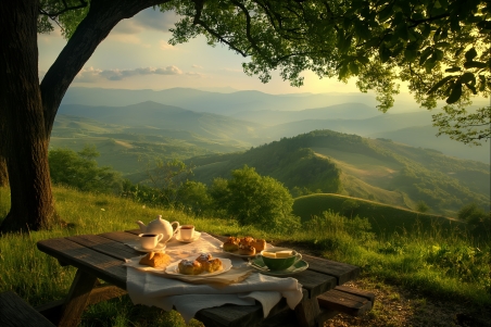 高山 大树 美景野餐 远山