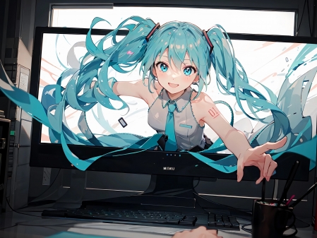 初音未来从电脑屏幕里出来4K电脑壁纸