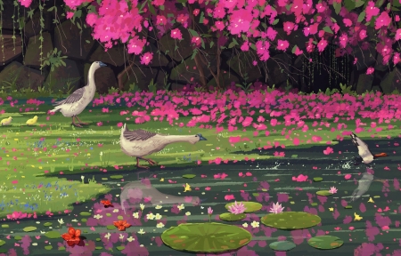 池塘 粉色的花 睡莲 鸭子 手绘风景 3440x1440超清带鱼屏壁纸