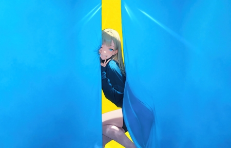 蓝色窗帘女孩4K动漫壁纸3840x2400