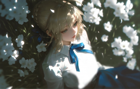 saber 花间意 蓝蝴蝶结白衬衫 唯美Fate花海 4k电脑壁纸 3840x2160