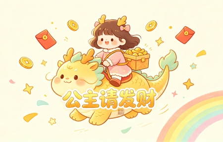 骑在龙上的小公主 元宝 钱 彩虹 公主请发财4K高清壁纸3840x2160