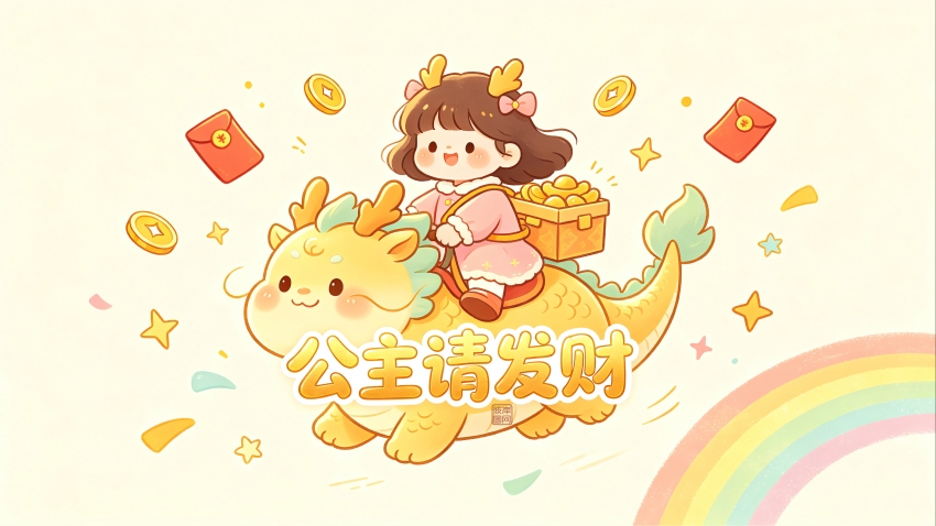 骑在龙上的小公主 元宝 钱 彩虹 公主请发财4K高清壁纸3840x2160