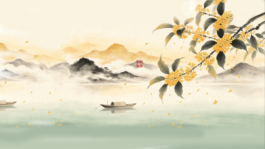 彼岸原创 | 中秋 水墨画  桂花 秋天 山水风4K高清壁纸3840x2160