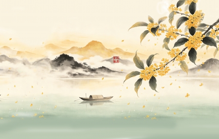 彼岸原创 | 中秋 水墨画  桂花 秋天 山水风4K高清壁纸3840x2160