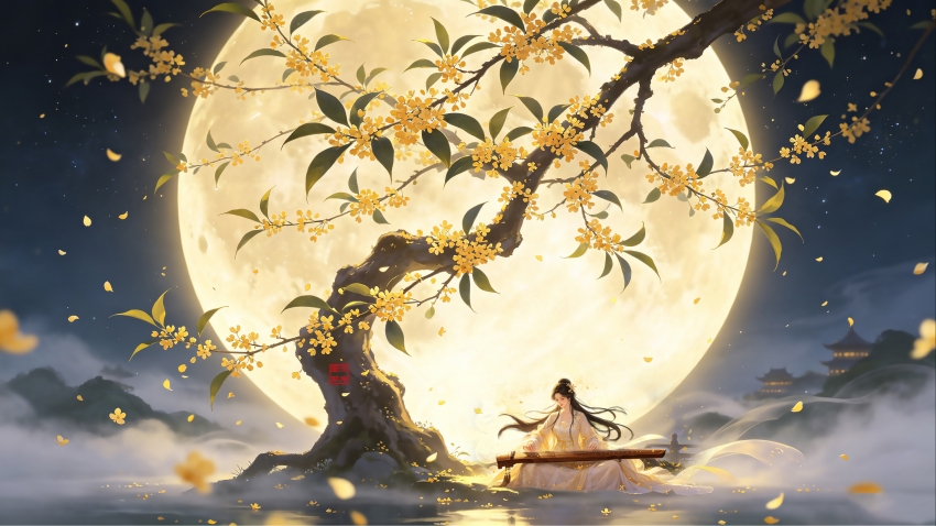 中秋 古风佳人月下弹筝 4K壁纸 3840x2160