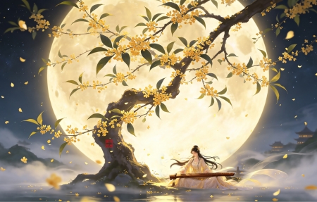 中秋 古风佳人月下弹筝 4K壁纸 3840x2160