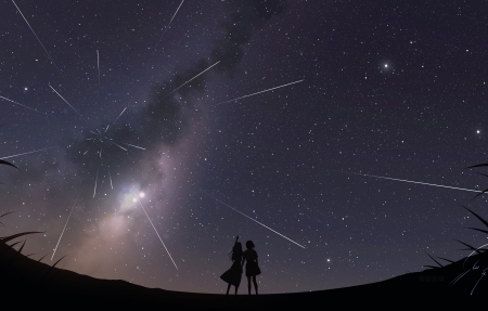 两个动漫女孩 草地 夜晚 天空 星星 星空 流星轨迹 4k高清壁纸3840x2160
