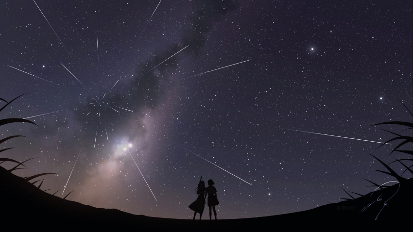 两个动漫女孩 草地 夜晚 天空 星星 星空 流星轨迹 4k高清壁纸3840x2160