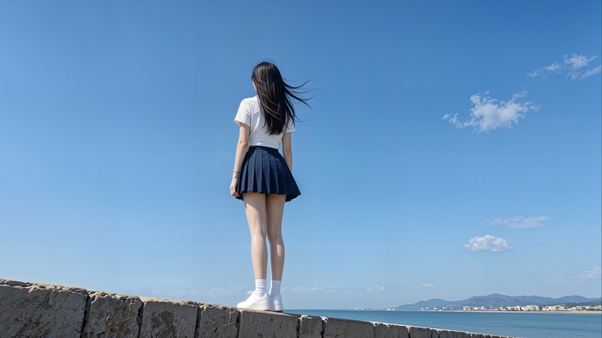 海边 蓝天 长发美女背影 望着远方 4K高清美女壁纸 3840x2160