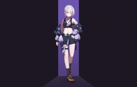 极简 短发动漫女孩 简单黑色背景 4K电脑壁纸
