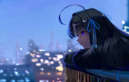 动漫女孩 黑发 紫瞳 城市灯光 4K超清壁纸3840x2160