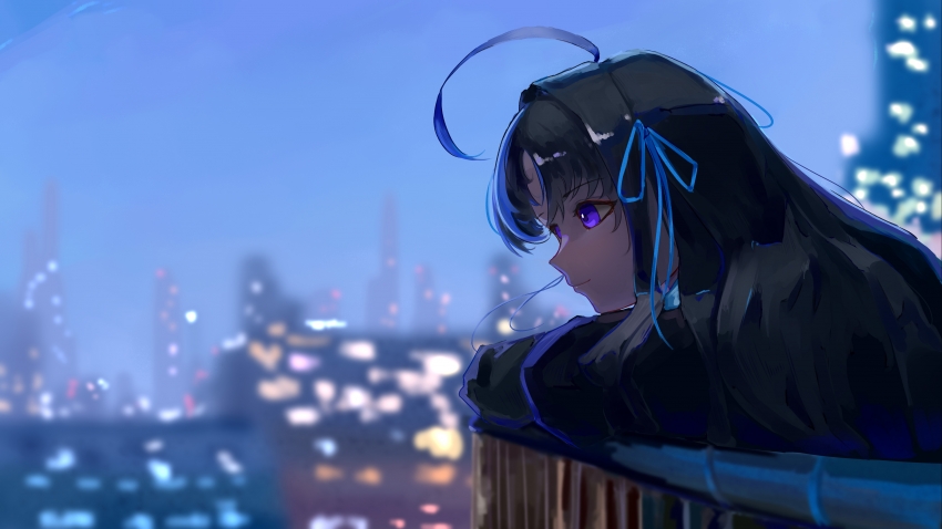 动漫女孩 黑发 紫瞳 城市灯光 4K超清壁纸3840x2160