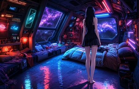 赛博朋克动漫美女背影 太空房间 4K高清壁纸 3840x2160