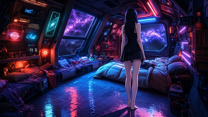 赛博朋克动漫美女背影 太空房间 4K高清壁纸 3840x2160